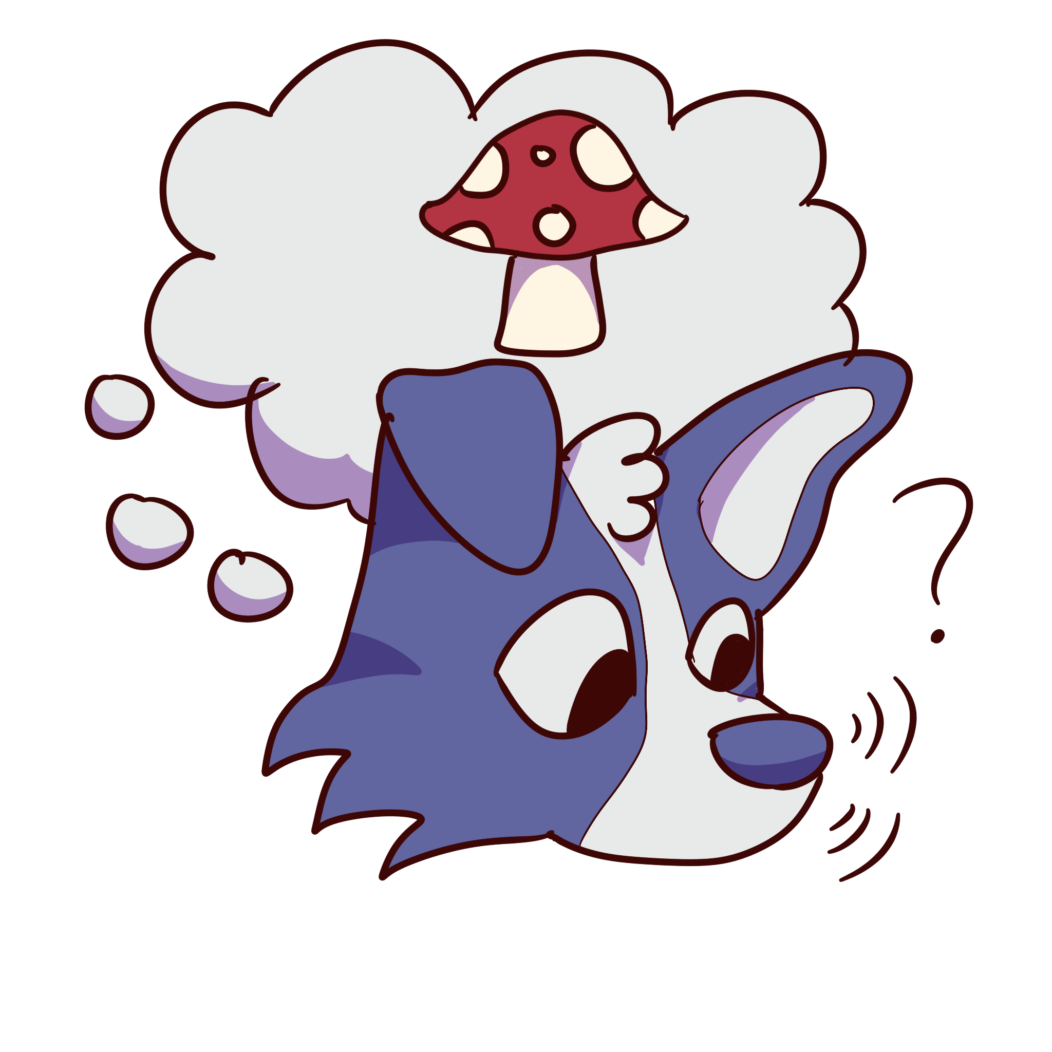  a blue dog sniffing nothing, it has a thought bubble above its head with a mushroom in it